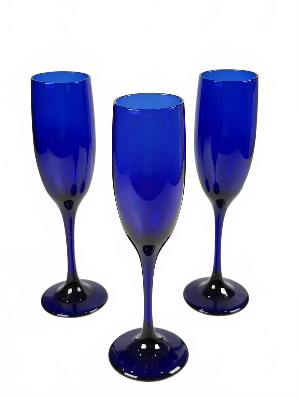 Set of 3 Vintage Libbey Cobalt Blue Champagne Flute Glasses 9 in Made in USA